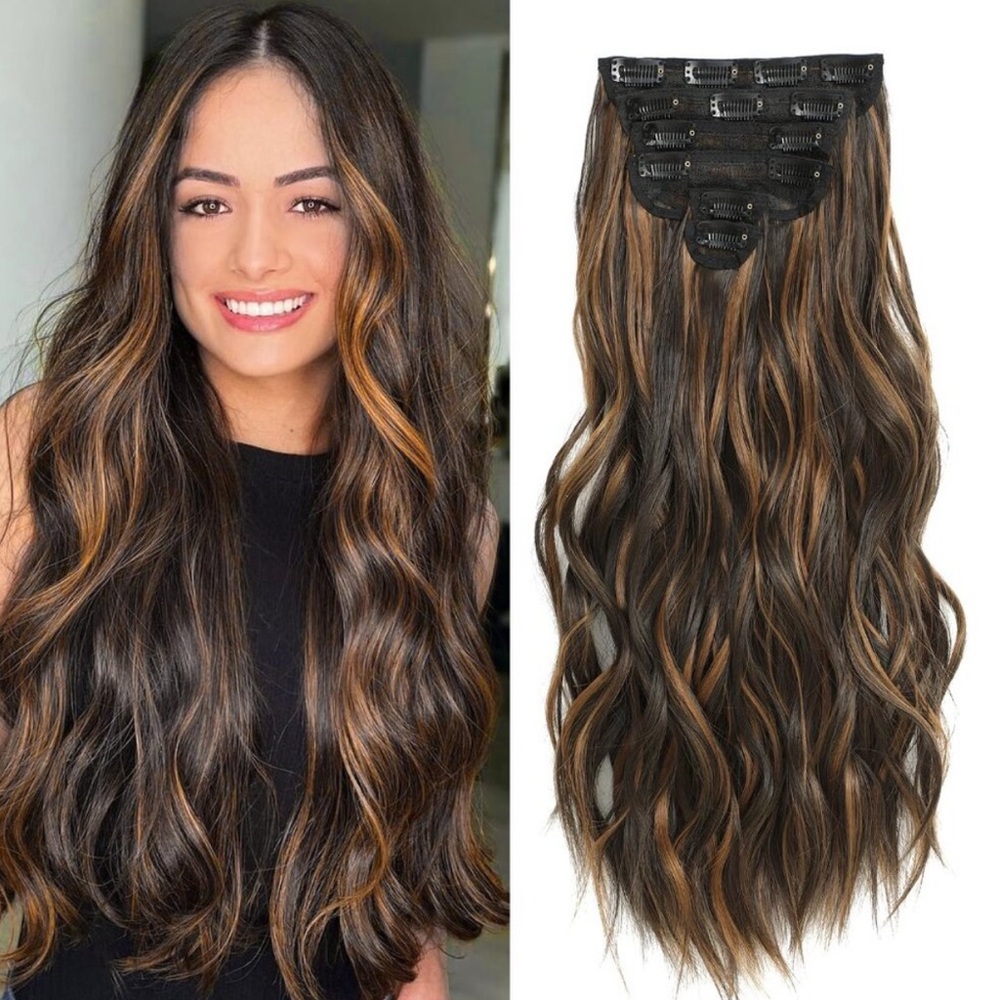 New 6PCS Clip-in Hair Extensions 20" Dark Brown Coffee & Caramel Hairpieces